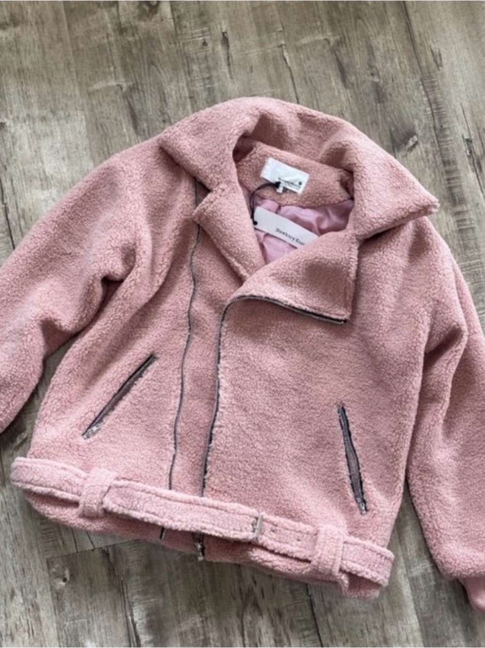 Women's Pink Teddy Sherpa Moto Jacket - Newbury Kustom - Picture 3 of 3